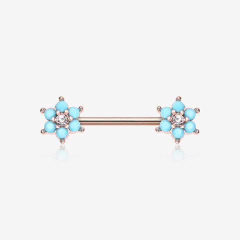 A Pair of Rose Gold Turquoise Spring Flower Sparkle Nipple Barbell