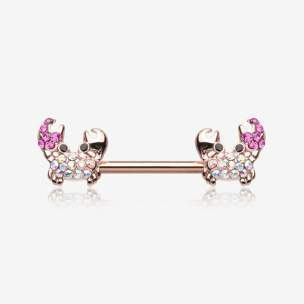 A Pair of Rose Gold Adorable Fiddler Crab Sparkle Nipple Barbell-Fuchsia/Aurora Borealis