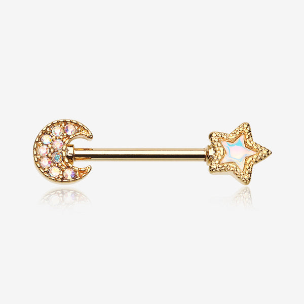 A Pair of Golden Iridescent Aurora Sparkle Moon & Star Nipple Barbell-Aurora Borealis