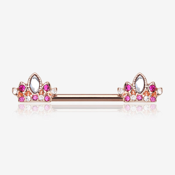 A Pair of Rose Gold Tiara Crown Sparkle Nipple Barbell-Clear Gem/Fuchsia