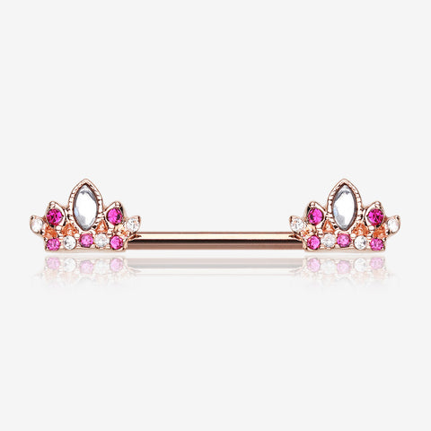 A Pair of Rose Gold Tiara Crown Sparkle Nipple Barbell-Clear Gem/Fuchsia