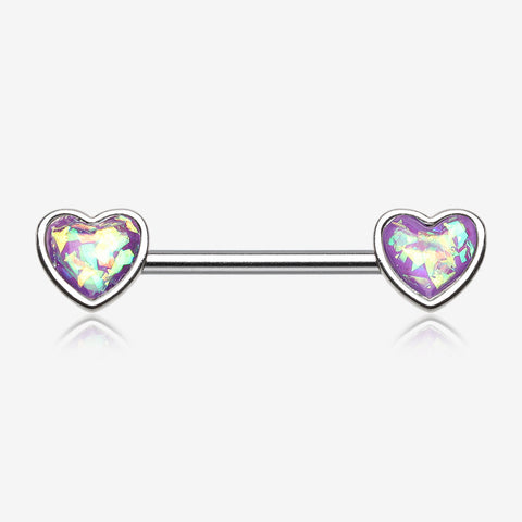 A Pair of Opalescent Heart Sparkle Nipple Barbell-Purple