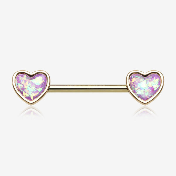 A Pair of Golden Opalescent Heart Sparkle Nipple Barbell-Purple