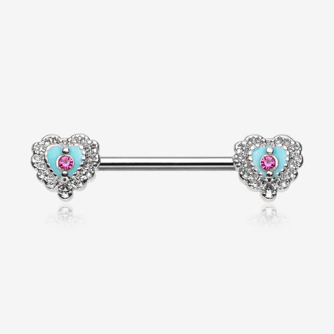 A Pair of Victorian Filigree Heart Nipple Barbell-Fuchsia