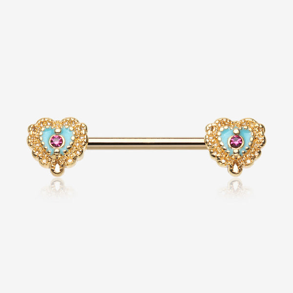 A Pair of Golden Victorian Filigree Heart Nipple Barbell-Fuchsia