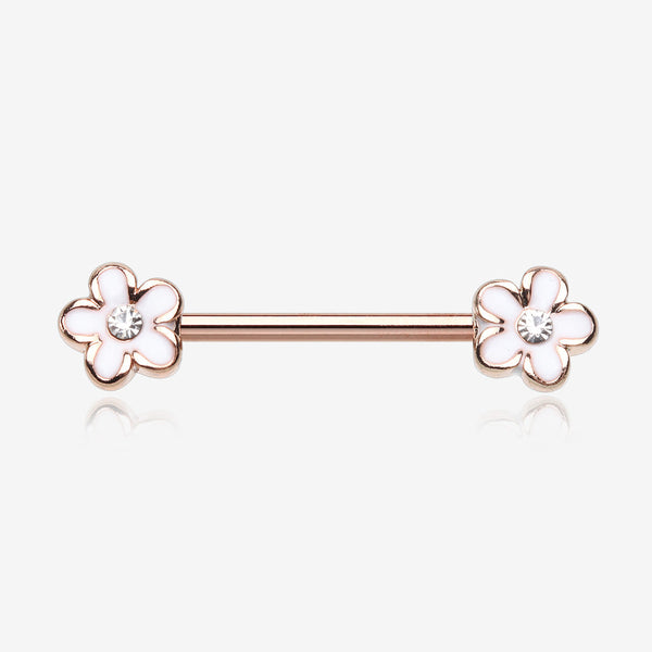 A Pair of Rose Gold Plumeria Flower Sparkle Nipple Barbell-White/Clear