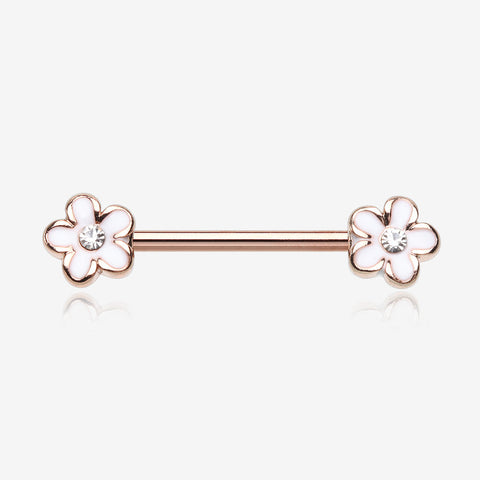 A Pair of Rose Gold Plumeria Flower Sparkle Nipple Barbell-White/Clear