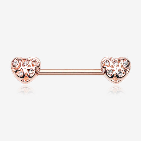 A Pair of Rose Gold Infinite Heart Multi Gem Sparkle Nipple Barbell-Clear Gem