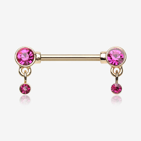 A Pair of Golden Sparkle Dazzle Dangle Droplets Nipple Barbell-Fuchsia