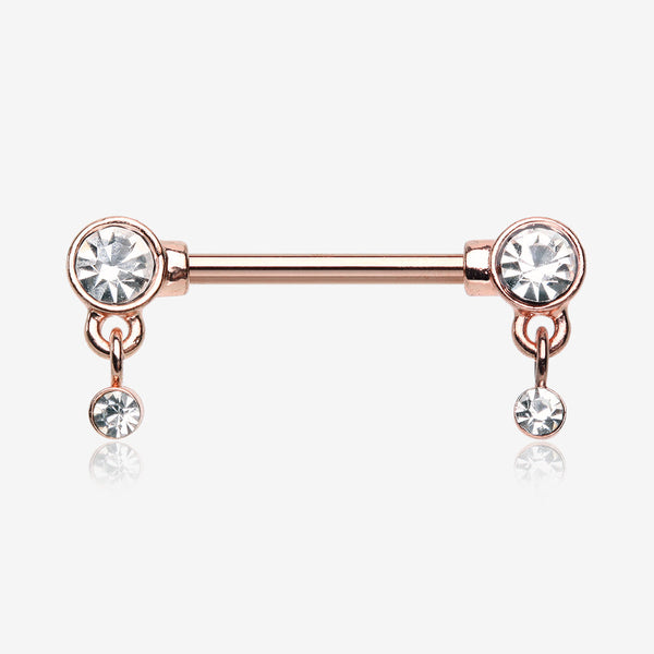 A Pair of Rose Gold Sparkle Dazzle Dangle Droplets Nipple Barbell-Clear Gem