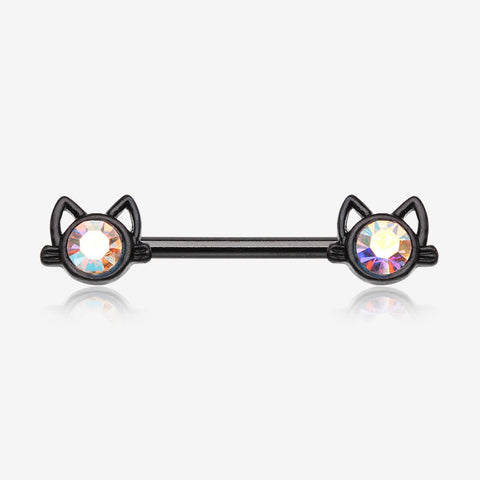 A Pair of Blackline Adorable Cat Face Sparkle Nipple Barbell-Black/Aurora Borealis