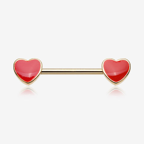 A Pair of Golden Vibrant Heart Nipple Barbell-Red