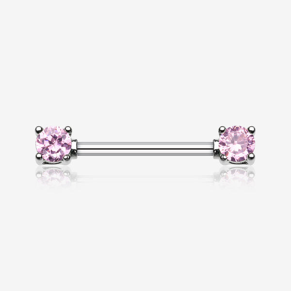 A Pair of Double Prong Gem Nipple Barbell Ring-Pink