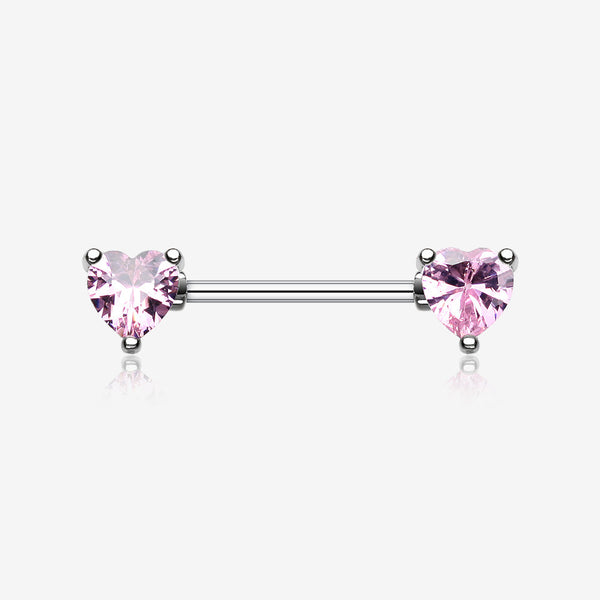 A Pair of Double Heart Gem Nipple Barbell Ring-Pink