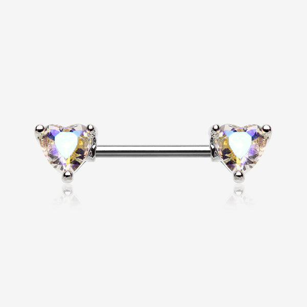 A Pair of Iridescent Heart Sparkle Nipple Barbell-Aurora Borealis