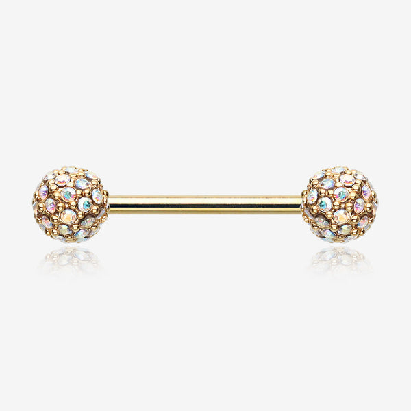 A Pair of Golden Sparkle Multi-Gem Paved Nipple Barbell Ring-Aurora Borealis