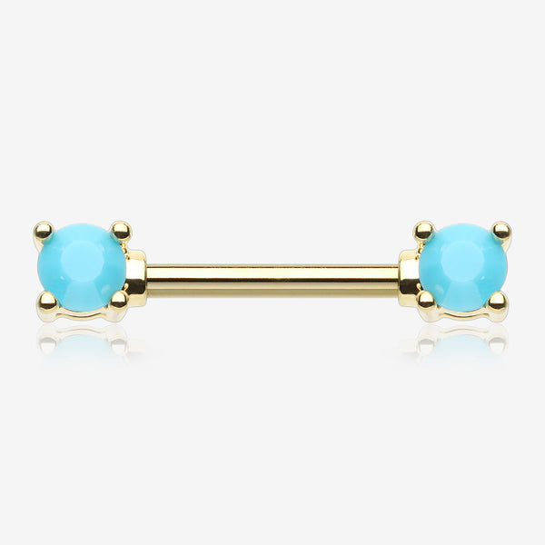 A Pair of Golden Turquoise Bead Prong Nipple Barbell-Turquoise