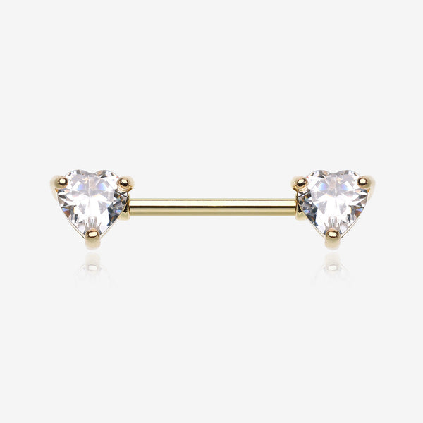 A Pair of Golden Heart Sparkle Prong Nipple Barbell-Clear Gem