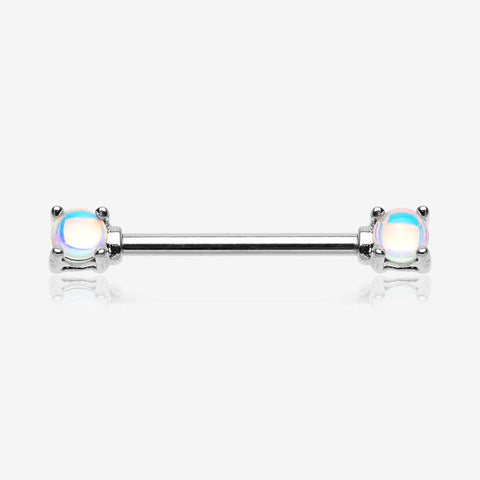 A Pair of Iridescent Revo Double Prong Gem Nipple Barbell