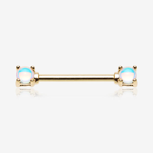 A Pair of Golden Iridescent Revo Double Prong Gem Nipple Barbell