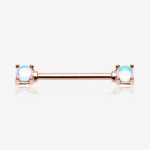 A Pair of Rose Gold Iridescent Revo Double Prong Gem Nipple Barbell