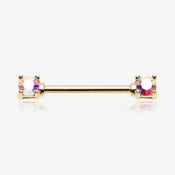 A Pair of Golden Brilliant Sparkle Gem Prong Set Nipple Barbell-Aurora Borealis