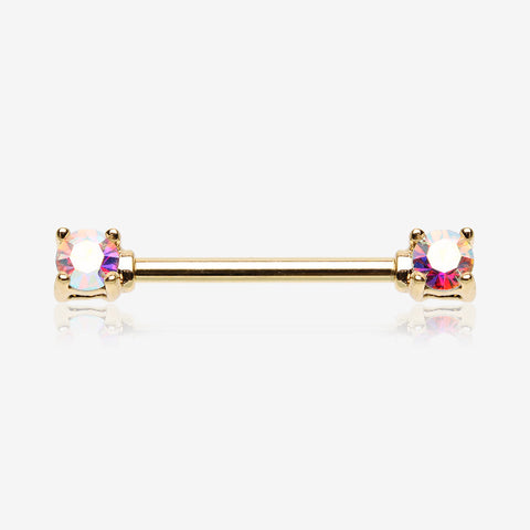 A Pair of Golden Brilliant Sparkle Gem Prong Set Nipple Barbell-Aurora Borealis