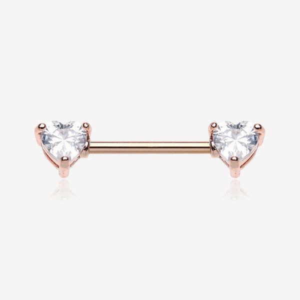 A Pair of Rose Gold Brilliant Heart Sparkle Prong Set Nipple Barbell-Clear Gem