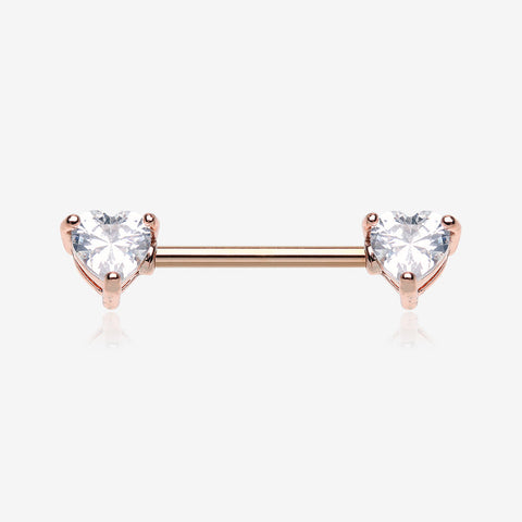 A Pair of Rose Gold Brilliant Heart Sparkle Prong Set Nipple Barbell-Clear Gem