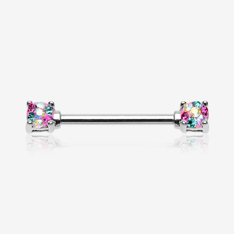 A Pair of Motley Sprinkle Dot Multi-Gem Sparkle Prong Set Nipple Barbell-Miami