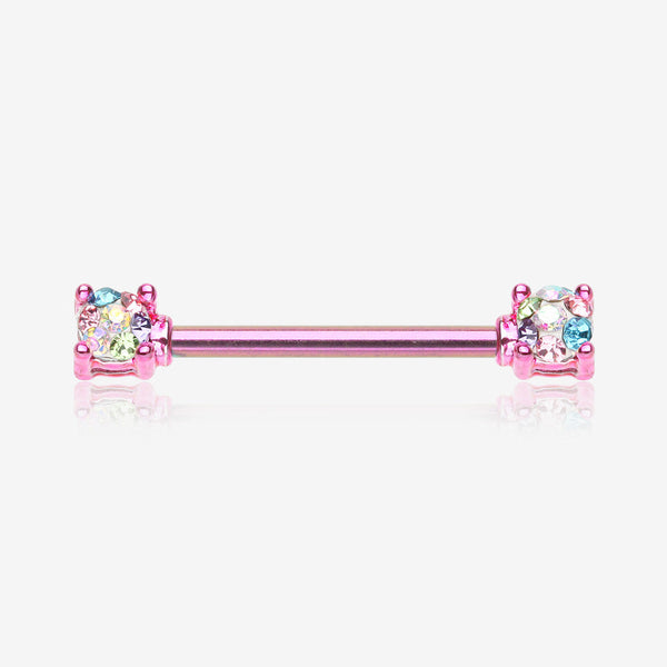 A Pair of Colorline Motley Multi-Gem Sprinkle Sparkle Prong Set Nipple Barbell-Pink/Candy