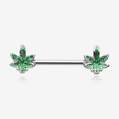 A Pair of Classic Glitter Sparkle Cannabis Nipple Barbell-Green