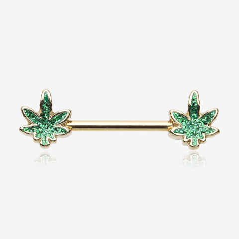 A Pair of Golden Glitter Sparkle Cannabis Nipple Barbell-Green