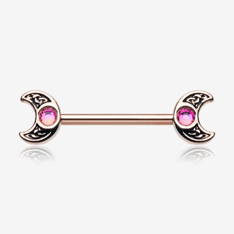 A Pair of Rose Gold Filigree Crescent Moon Sparkle Nipple Barbell