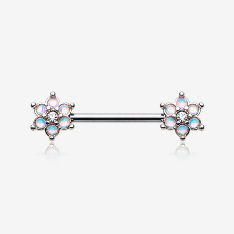 A Pair of Iridescent Revo Spring Flower Sparkle Nipple Barbell-Clear Gem