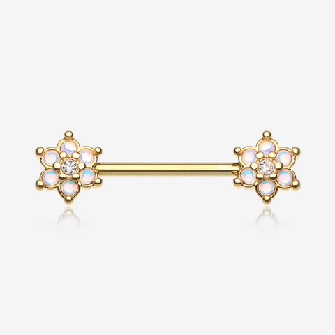 A Pair of Golden Moonstone Sparkle Spring Flower Nipple Barbell-Clear Gem