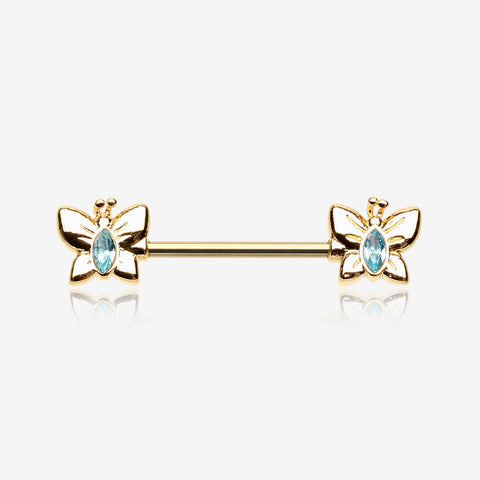 A Pair of Golden Marquise Sparkle Butterfly Nipple Barbell-Aqua