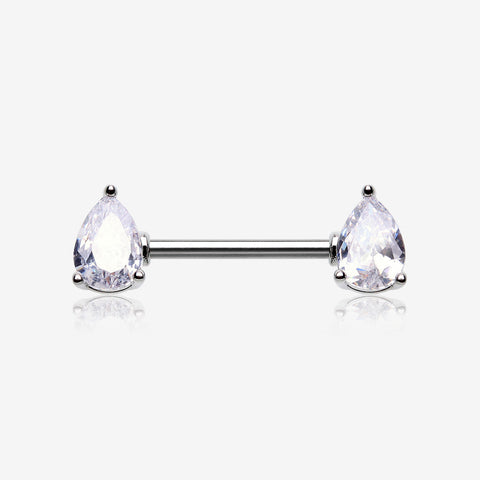 A Pair of Brilliant Teardrop Prong Sparkle Nipple Barbell-Clear Gem