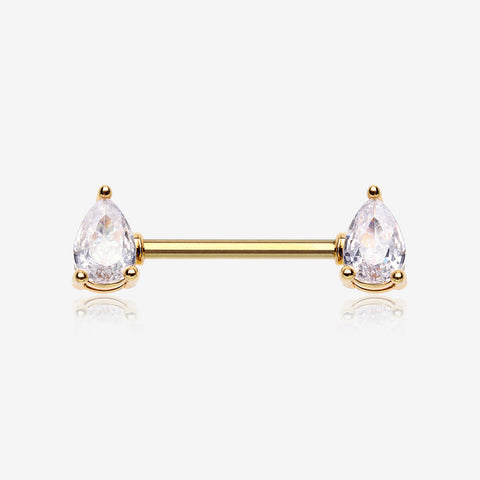 A Pair of Golden Brilliant Teardrop Prong Sparkle Nipple Barbell-Clear Gem