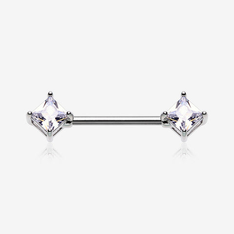 A Pair of Princess Cut Square Sparkle Gem Nipple Barbell-Clear Gem