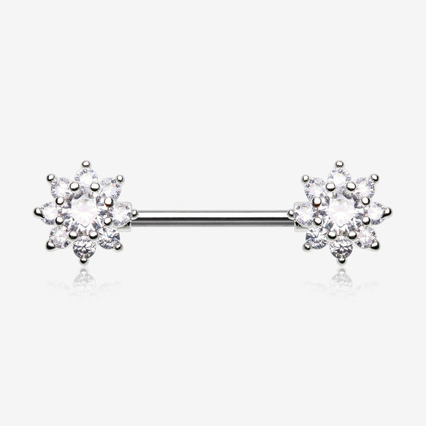 A Pair of Glistening Sparkle Flower Multi-Gem Nipple Barbell-Clear Gem