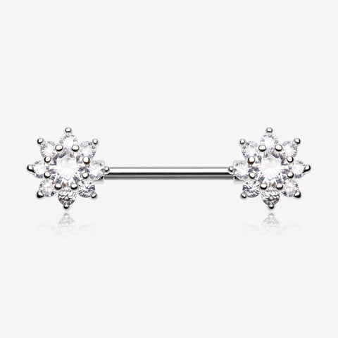 A Pair of Glistening Sparkle Flower Multi-Gem Nipple Barbell-Clear Gem