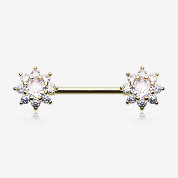 A Pair of Golden Glistening Sparkle Flower Multi-Gem Nipple Barbell-Clear Gem