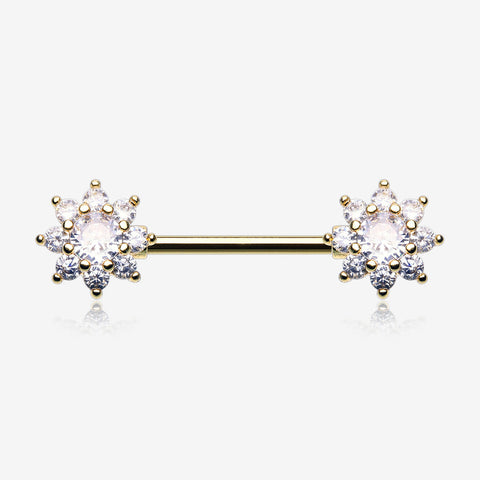 A Pair of Golden Glistening Sparkle Flower Multi-Gem Nipple Barbell-Clear Gem