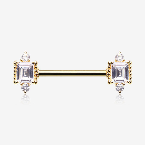 A Pair of Golden Sparkle Renaissance Princess Cut Nipple Barbell-Clear Gem