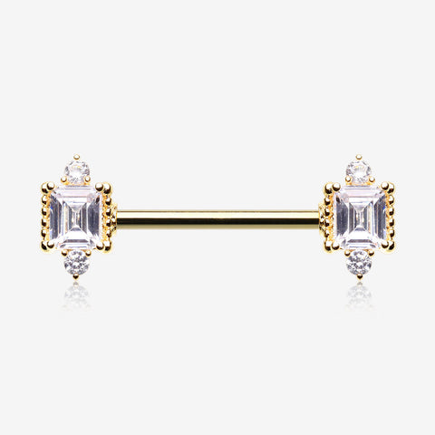 A Pair of Golden Sparkle Renaissance Princess Cut Nipple Barbell-Clear Gem