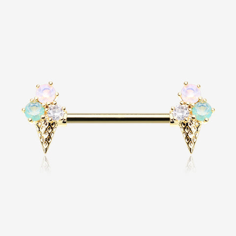 A Pair of Golden Adorable Mixed Flavor Ice Cream Cone Nipple Barbell-Clear Gem/Rose Water Opal/Aqua