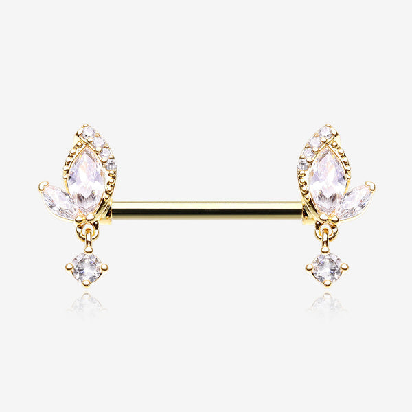 A Pair of Golden Elegant Marquise Leaflet Dangle Sparkle Nipple Barbell-Clear Gem