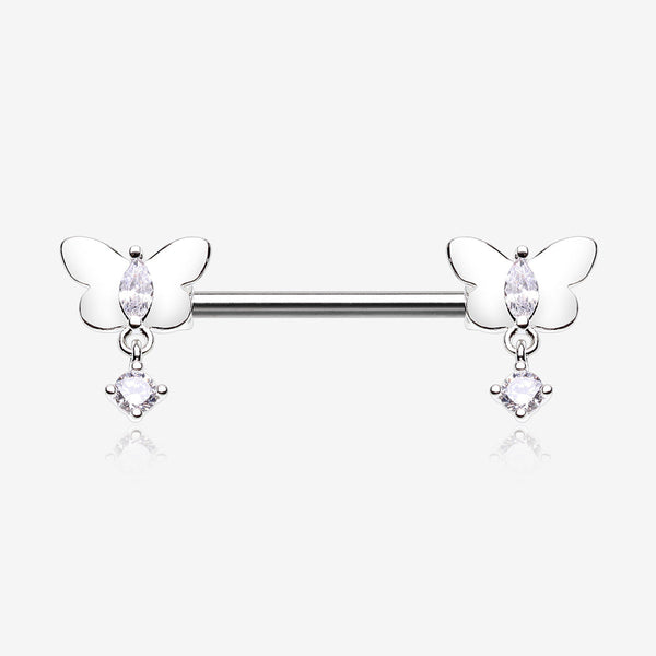 A Pair of Butterfly Sparkle Dangle Sparkle Nipple Barbell-Clear Gem