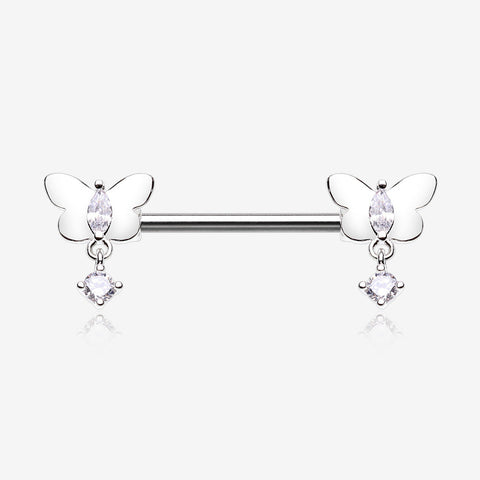 A Pair of Butterfly Sparkle Dangle Sparkle Nipple Barbell-Clear Gem